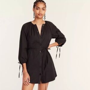 J. Crew Black Cotton Poplin Tie Sleeve Button Front  Shirt Dress Size MP New